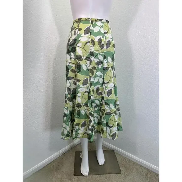 Sz 14 JM Collection 100% Linen Floral Green Black Leaves Midi Flared Skirt - Picture 2 of 4